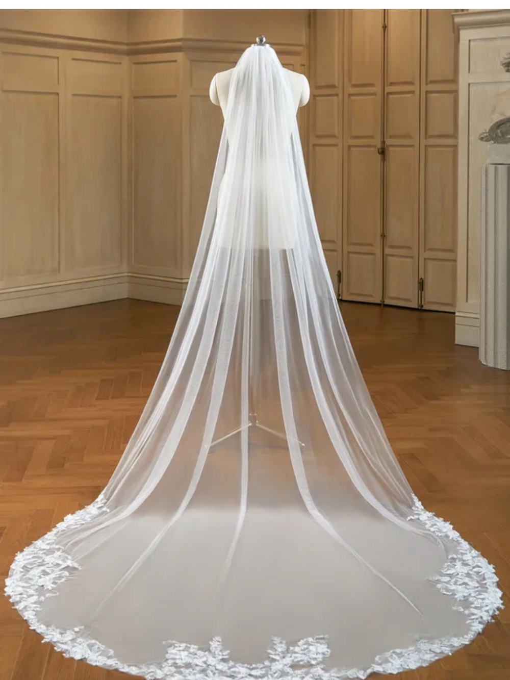 Chapel length veil with lace edge